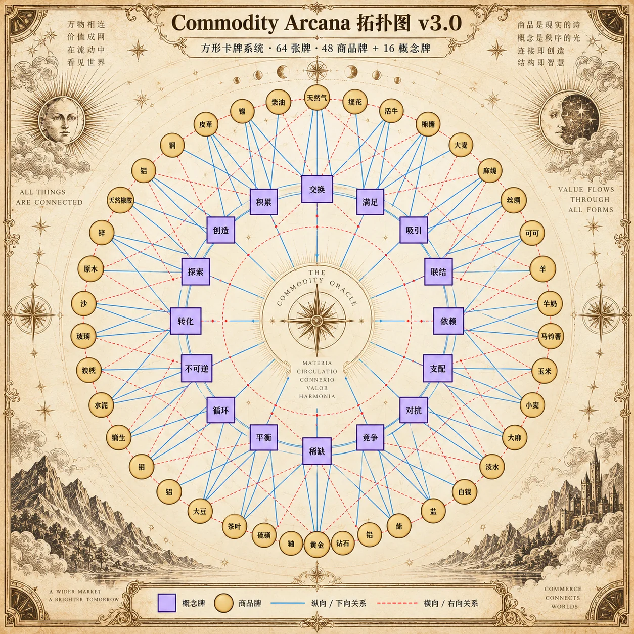 Commodity Arcana 拓扑图视觉参考：商品牌外环、概念牌内环与两类关系线